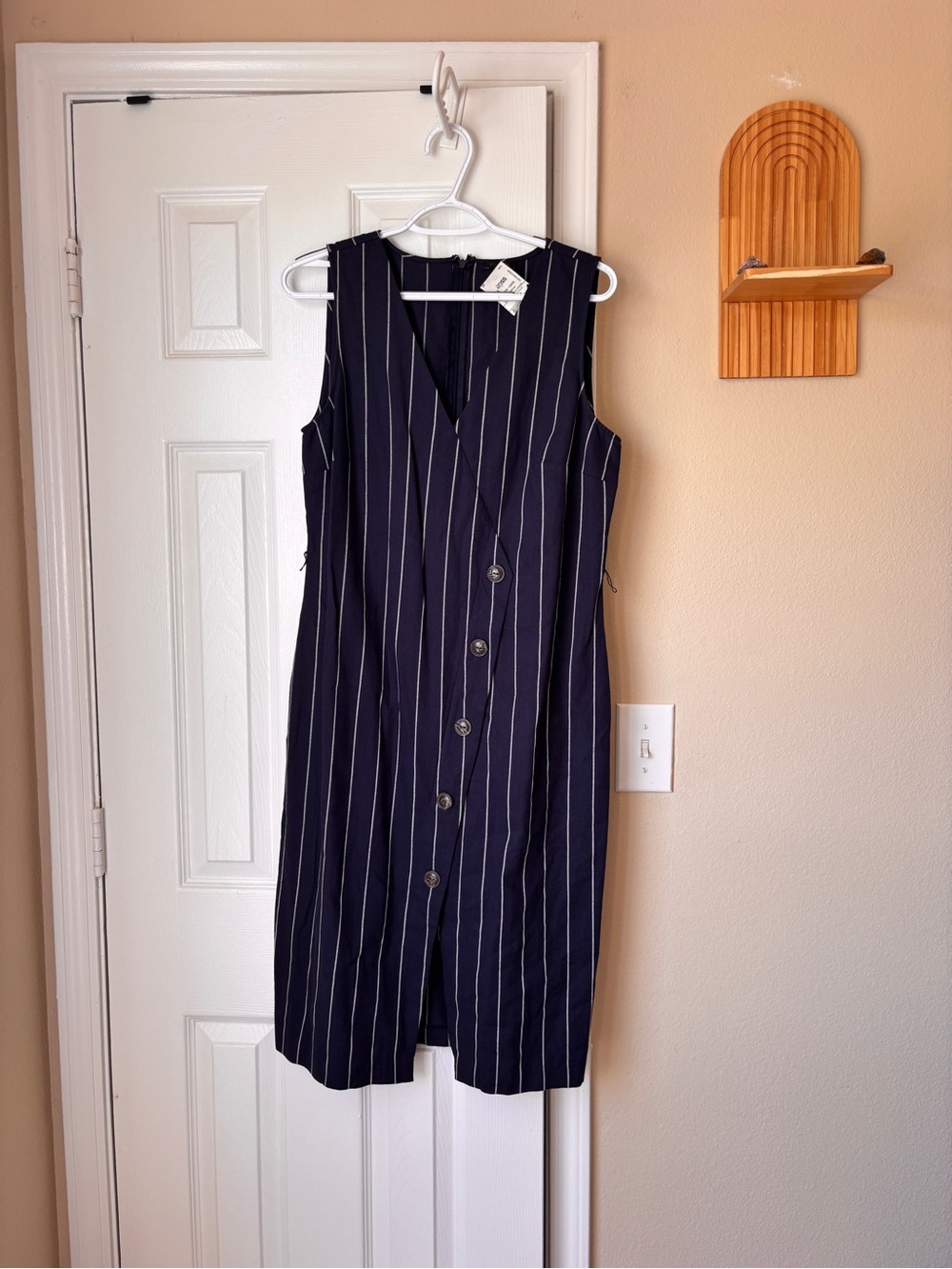 Ann Taylor Navy and White Pinstripe Sleeveless Button-Front Dress